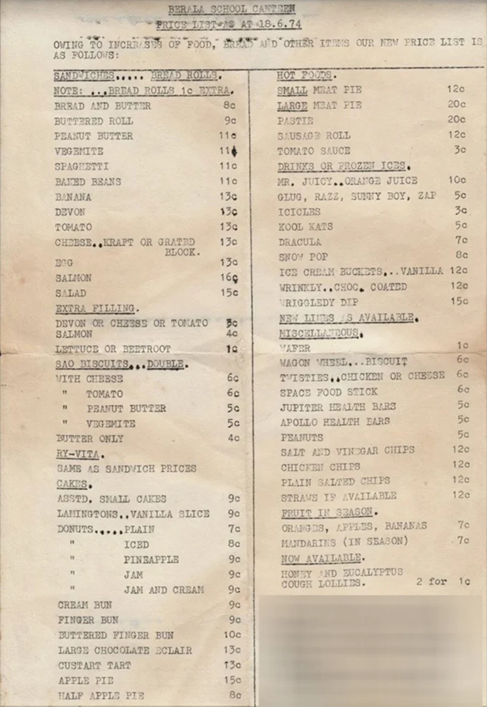 School Canteen Price List from 1974